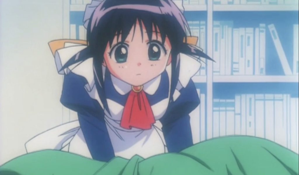 Mahoro looks over Suguru while he sleeps in Mahoromatic: Automatic Maiden